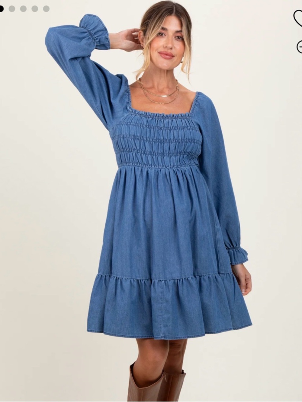 Smocked Blue Chambray Maternity Dress - Picture 3 of 5